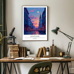 Warsaw Sunset Urban Scene Vibrant Cityscape Travel Poster