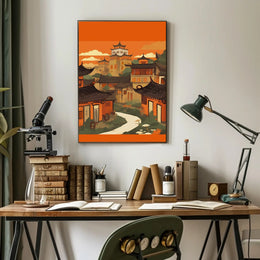 Tranquil Village at Sunset Poster
