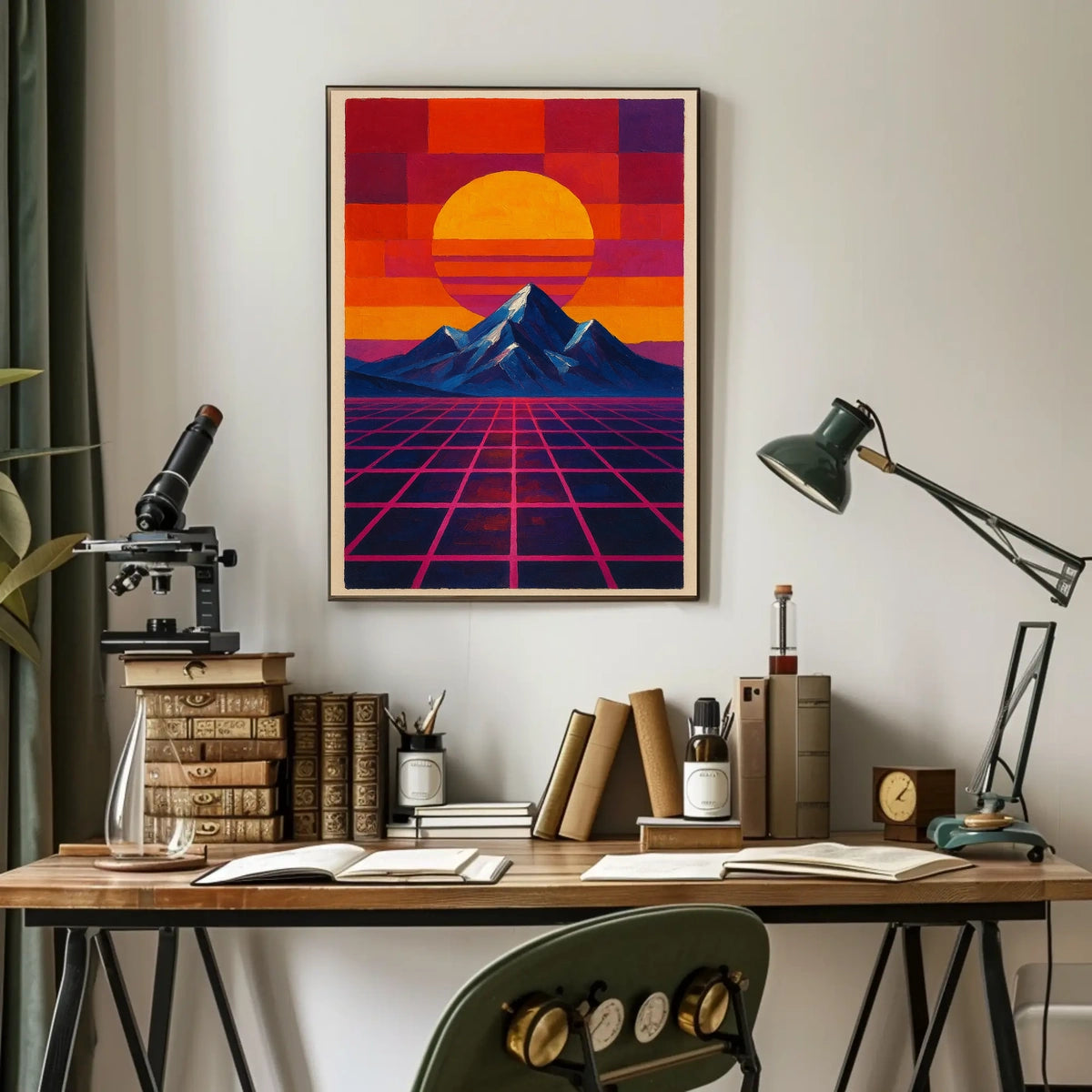 Retro-Futuristic Sunrise on Geometric Sci-Fi Landscape Poster