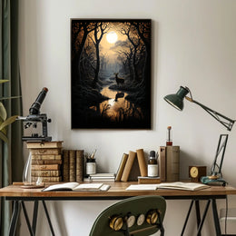 Stag by Moonlit Stream Serenity Animal Poster