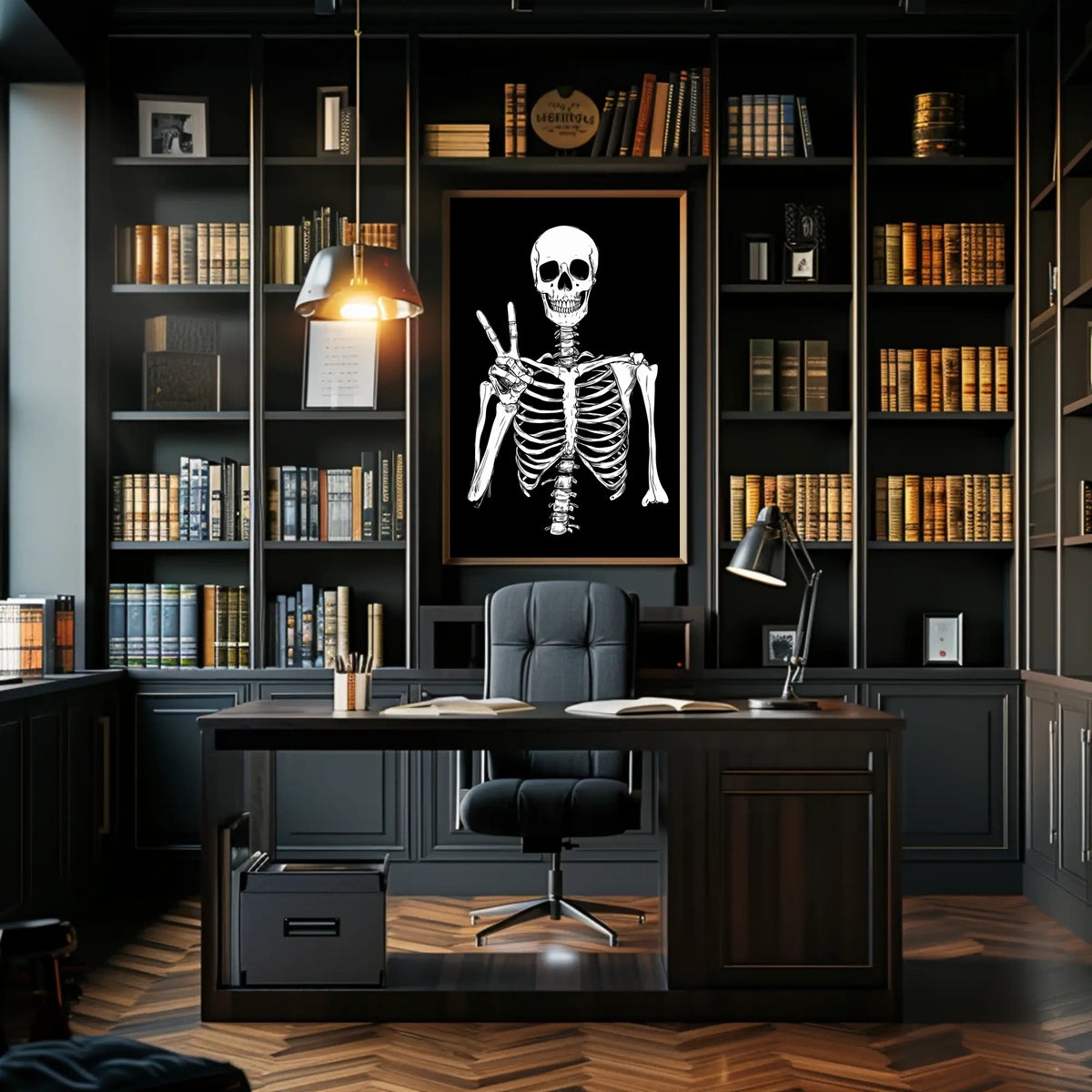 Skeleton Peace Sign Black Background Monochromatic Poster