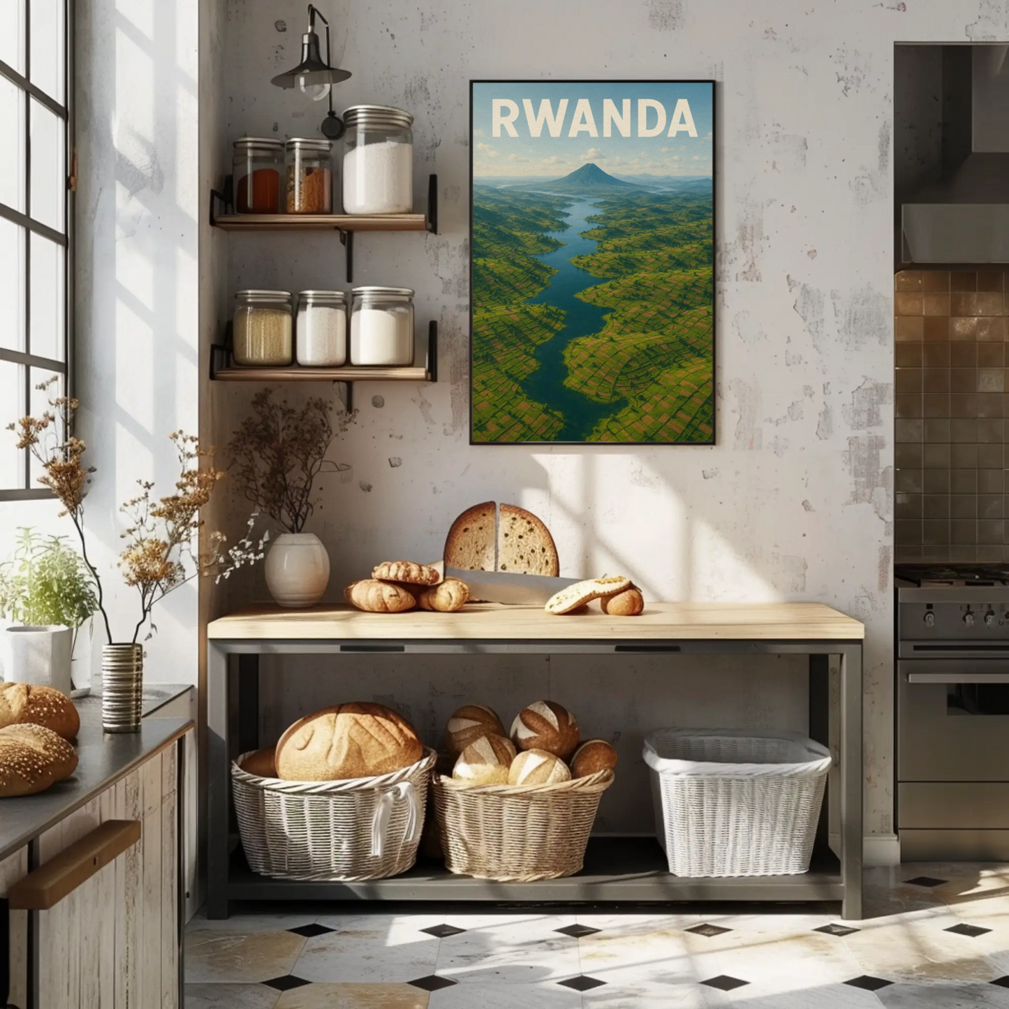 Rwanda Volcano Valley River Aerial Travel Poster