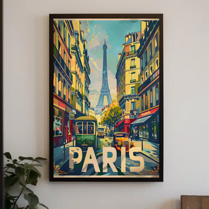 Vibrant Parisian Street Eiffel View Vintage Travel Poster