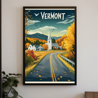 Vermont Vintage Poster - Autumn Road & Church