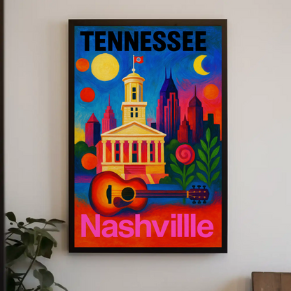 Tennessee Nashville Capitol Guitar Music City Vintage Travel Poster