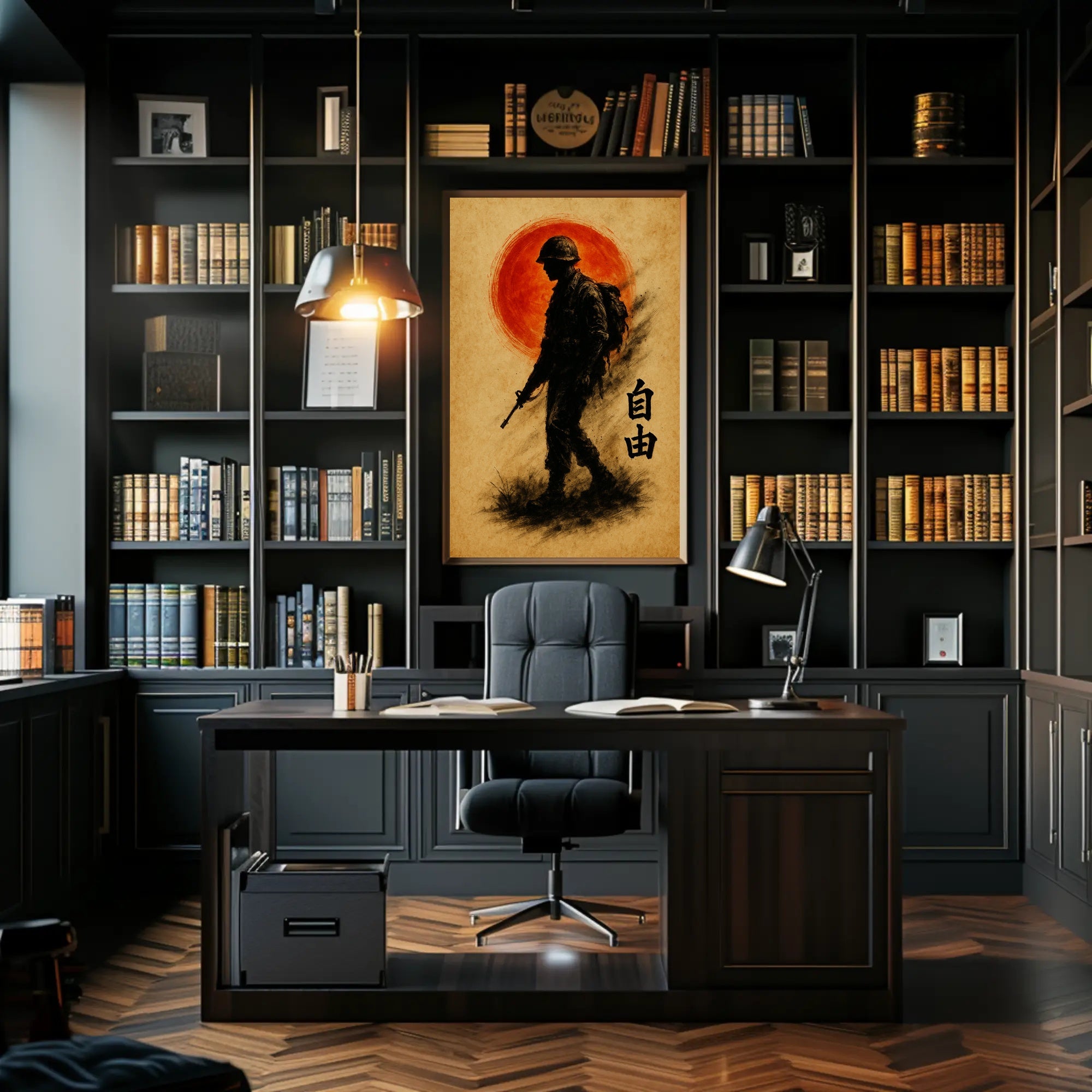 Silhouette Soldier with Crimson Sun WWII Poster