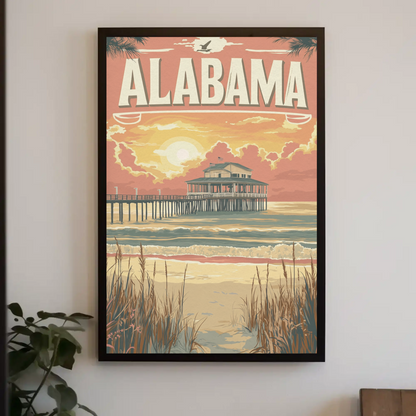 Alabama Pier at Sunset Vintage Travel Poster