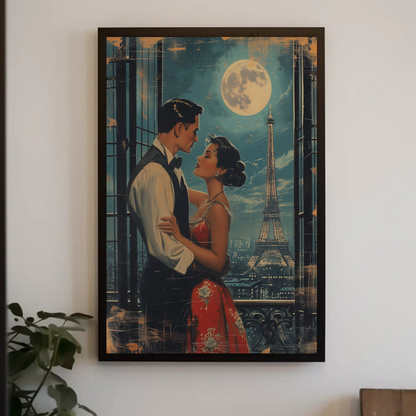 Romantic Couple Eiffel Tower Paris Moonlight Vintage Travel Poster