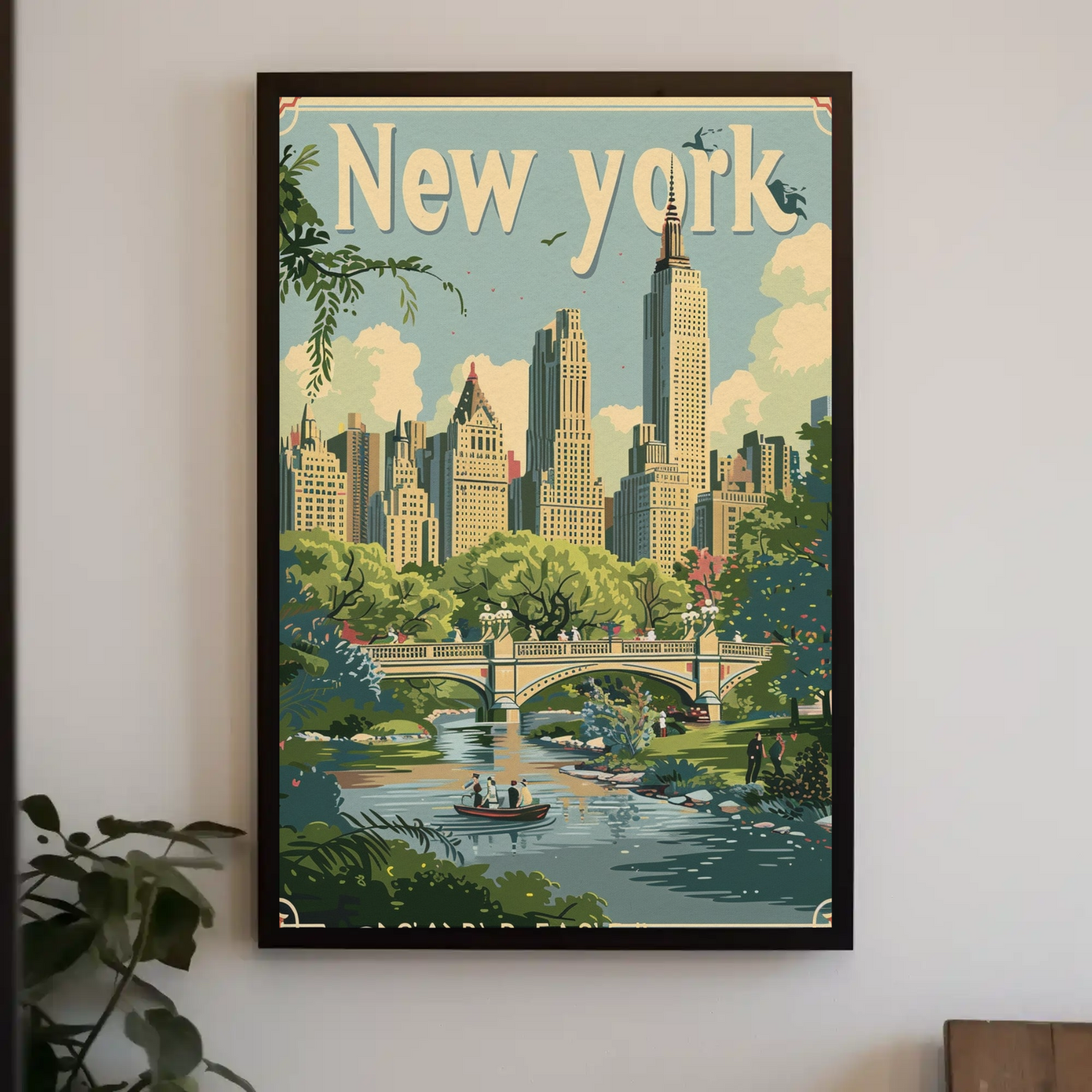 New York Central Park Bridge Skyline Vintage Travel Poster