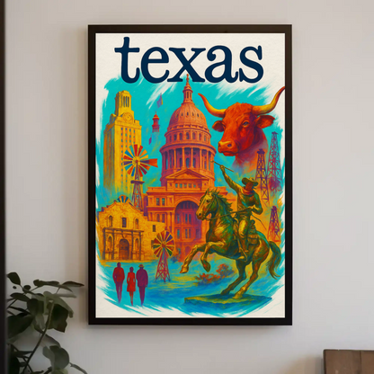 Texas Capitol Cowboy Longhorn Windmill History Vintage Travel Poster
