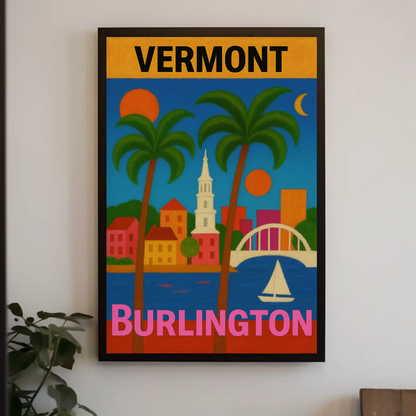 Vermont Burlington Palm Trees Church Sailboat Vintage Travel Poster