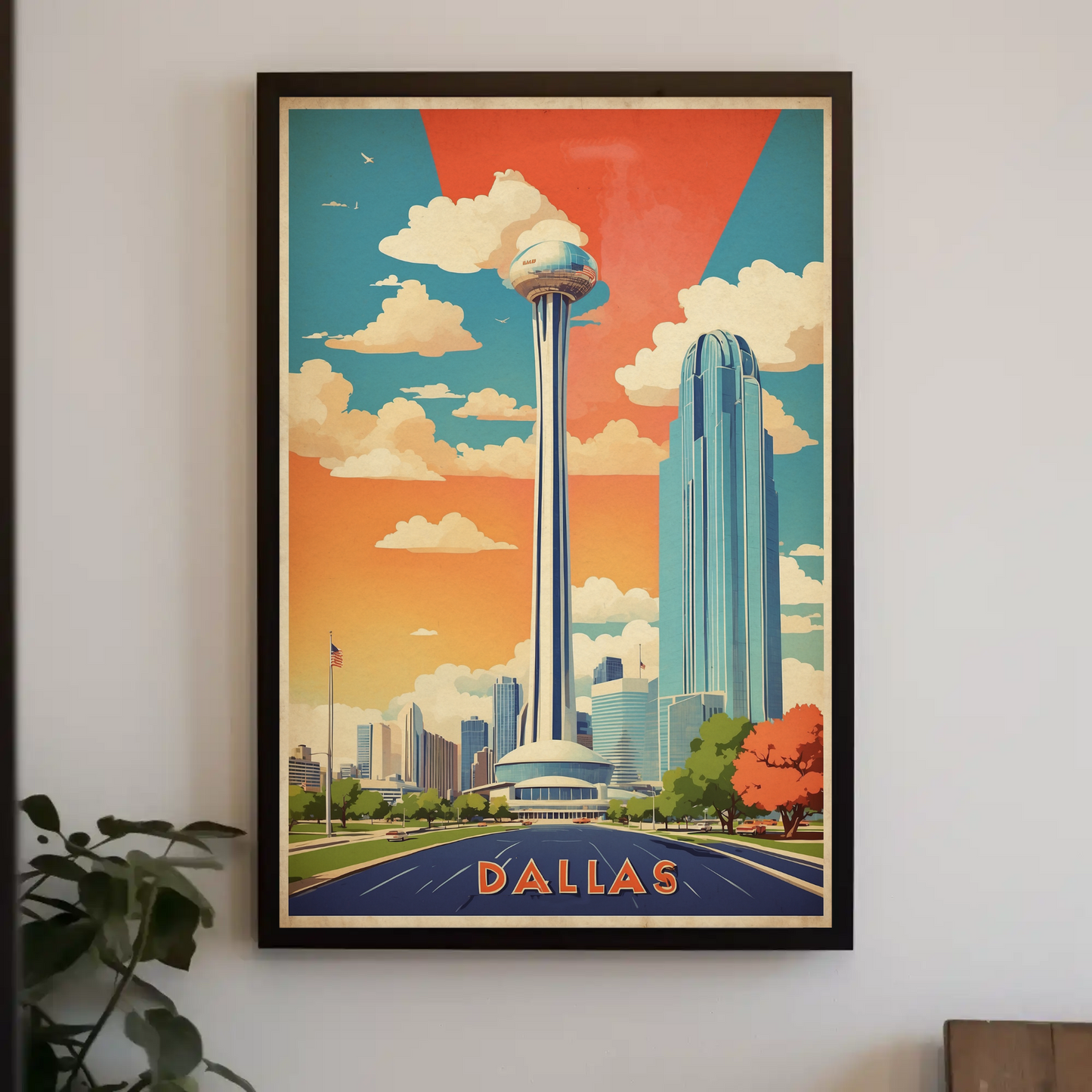 Dallas Texas Skyline Reunion Tower Vintage Travel Poster