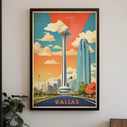 Dallas Texas Skyline Reunion Tower Vintage Travel Poster