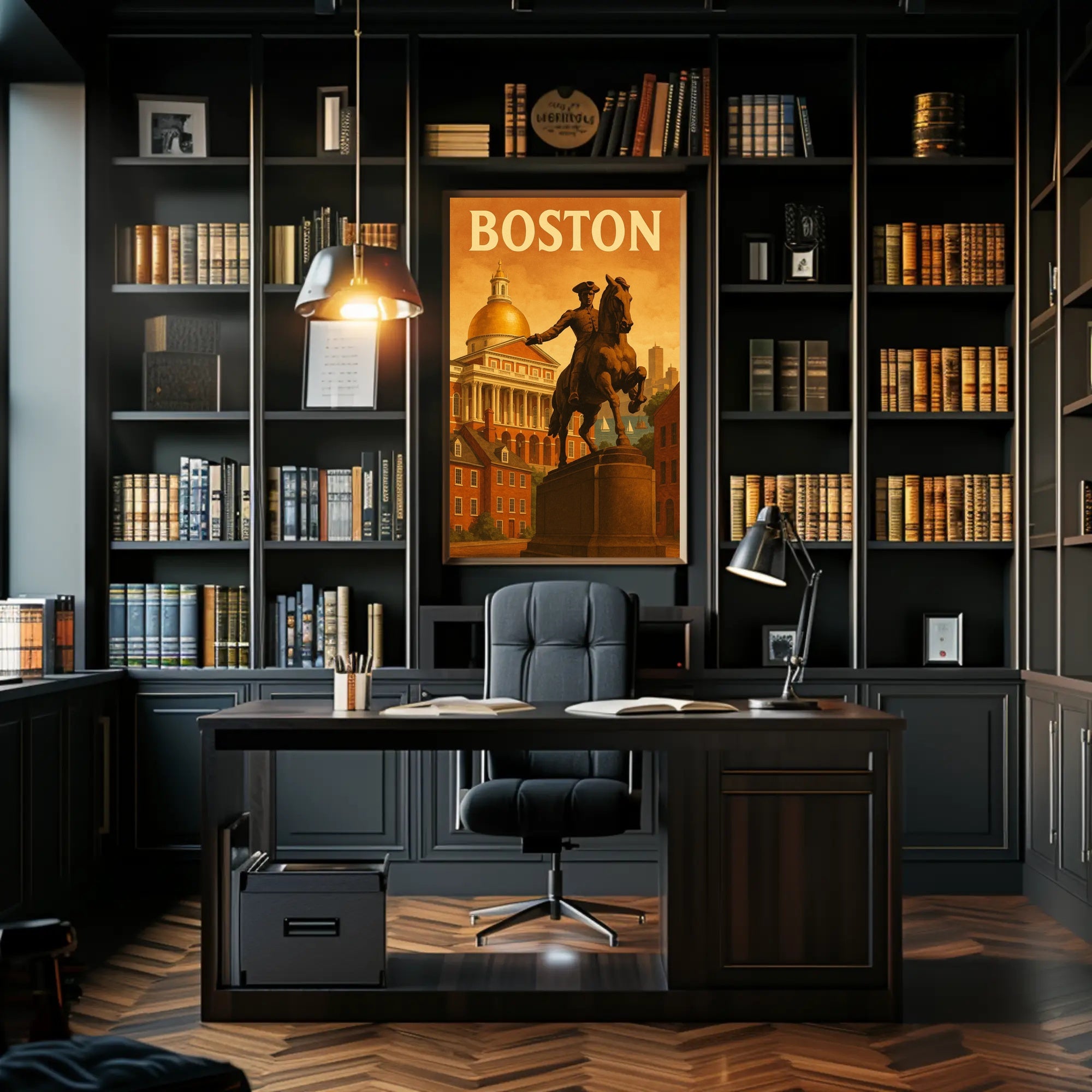 Boston's Grandeur: Equine Statue with State House Travel Poster