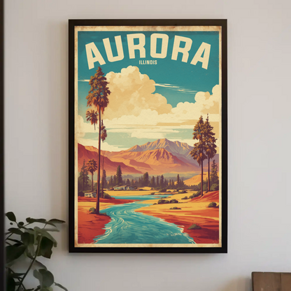 Aurora Illinois River Horizon Vintage Travel Poster