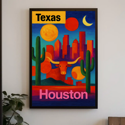 Texas Houston Longhorn Cactus Sunset Cityscape Vintage Travel Poster