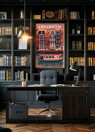 Amsterdam Canal Houses: Warm Scenic Travel Poster