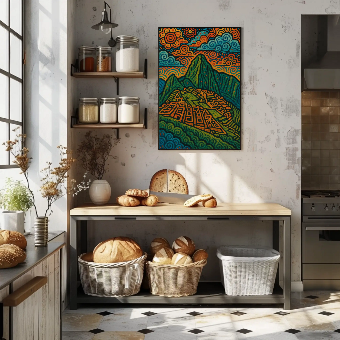 Machu Picchu Mountains Folk Art Travel Poster