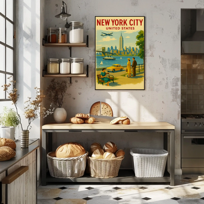 New York City 1950s Skyline Brooklyn Bridge Travel Poster