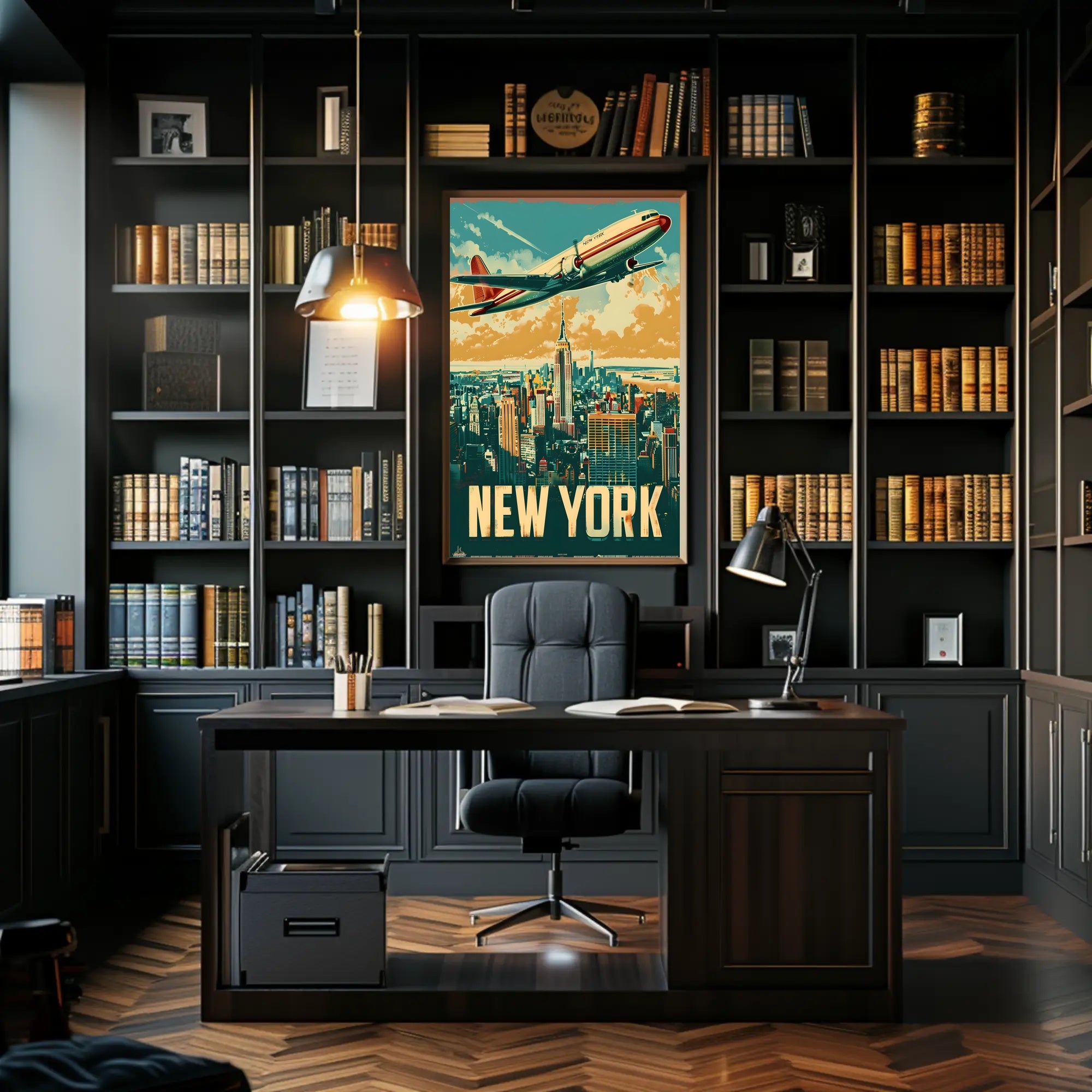New York Skyline with Airplane Travel Poster