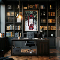 Red Lantern in Snowy Forest Adventure Travel Poster