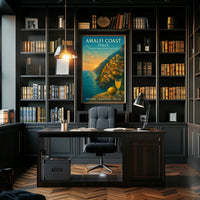 The poster showcases the Amalfi Coast in Italy, emphasizing its timeless beauty and Travel Poster