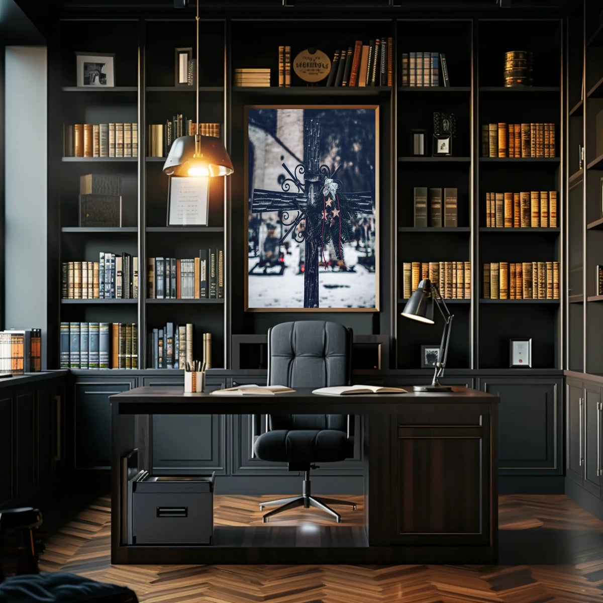 Winter Cemetery Scene with Wreath and Cross Poster