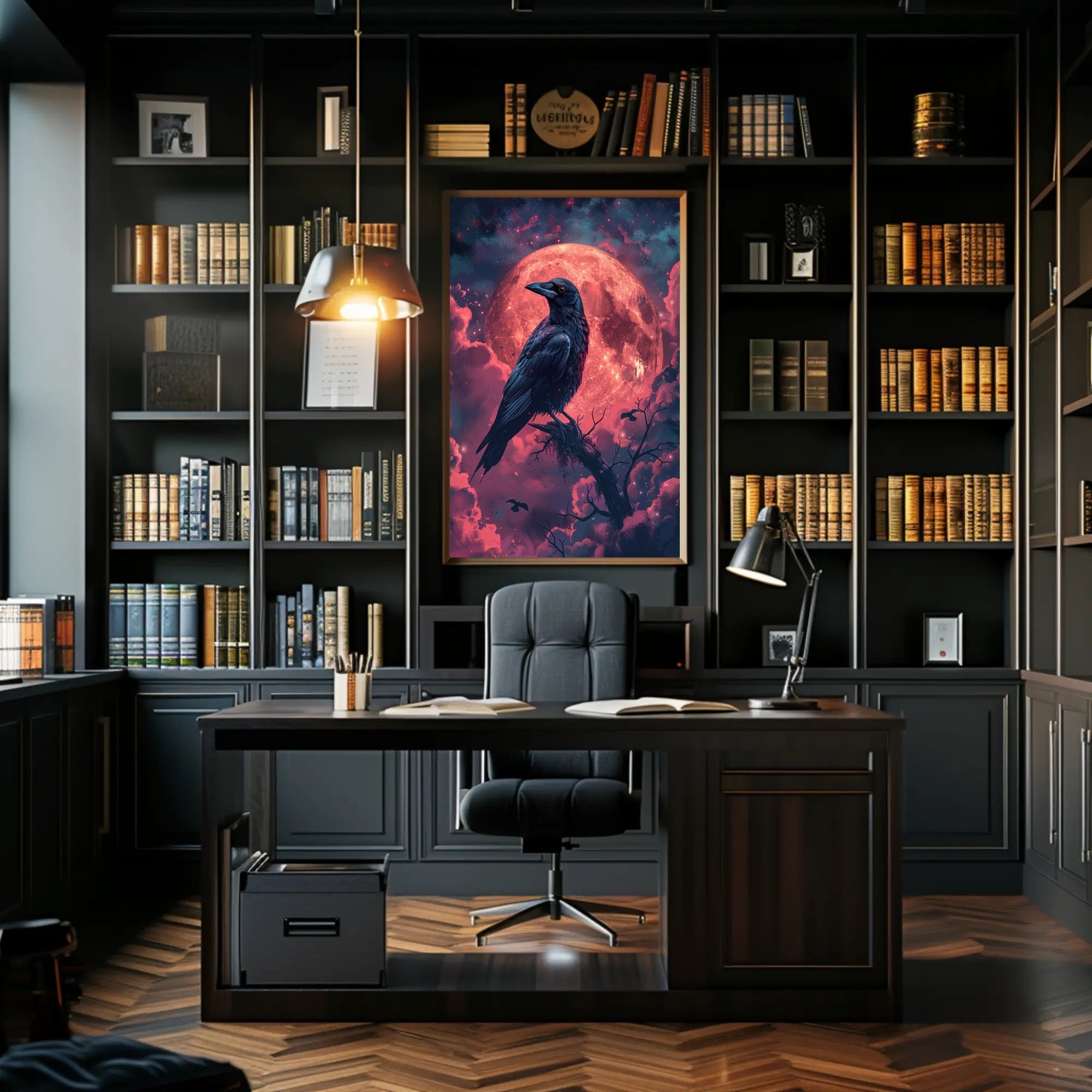 Mystical Raven Under Blood Moon Art Print Poster PosterGoat
