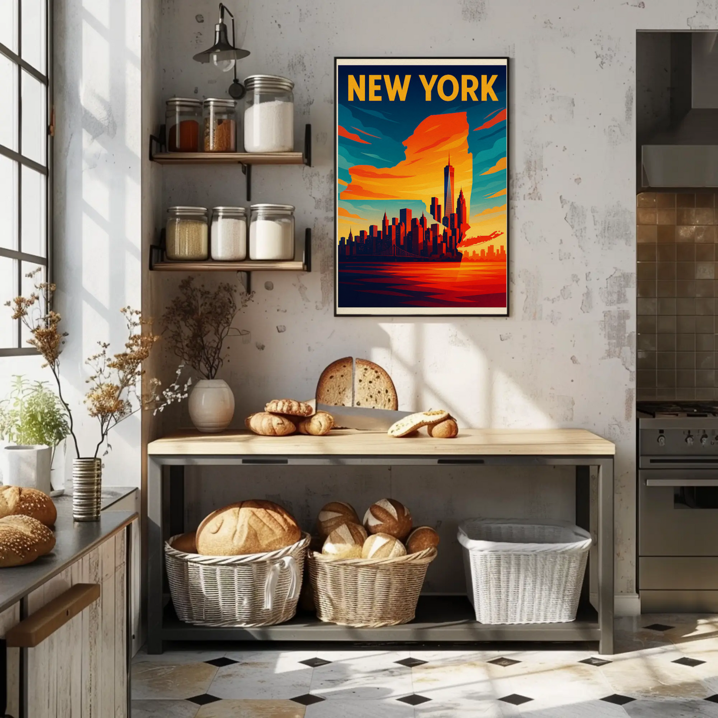 New York State Outline Skyline Sunset Silhouette Travel Poster