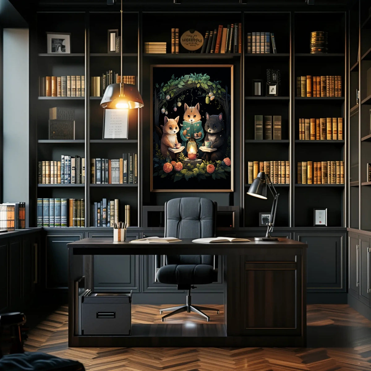 Whimsical Foxes Lantern Reading Forest Poster