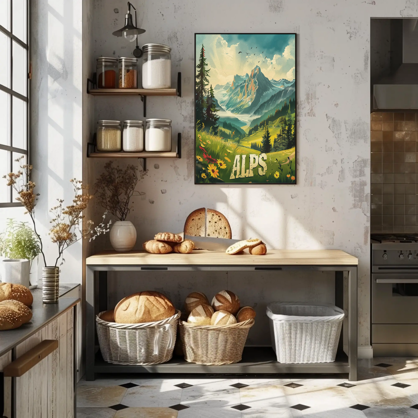 Alps Mountain Meadow Light Rays Forest Travel Poster