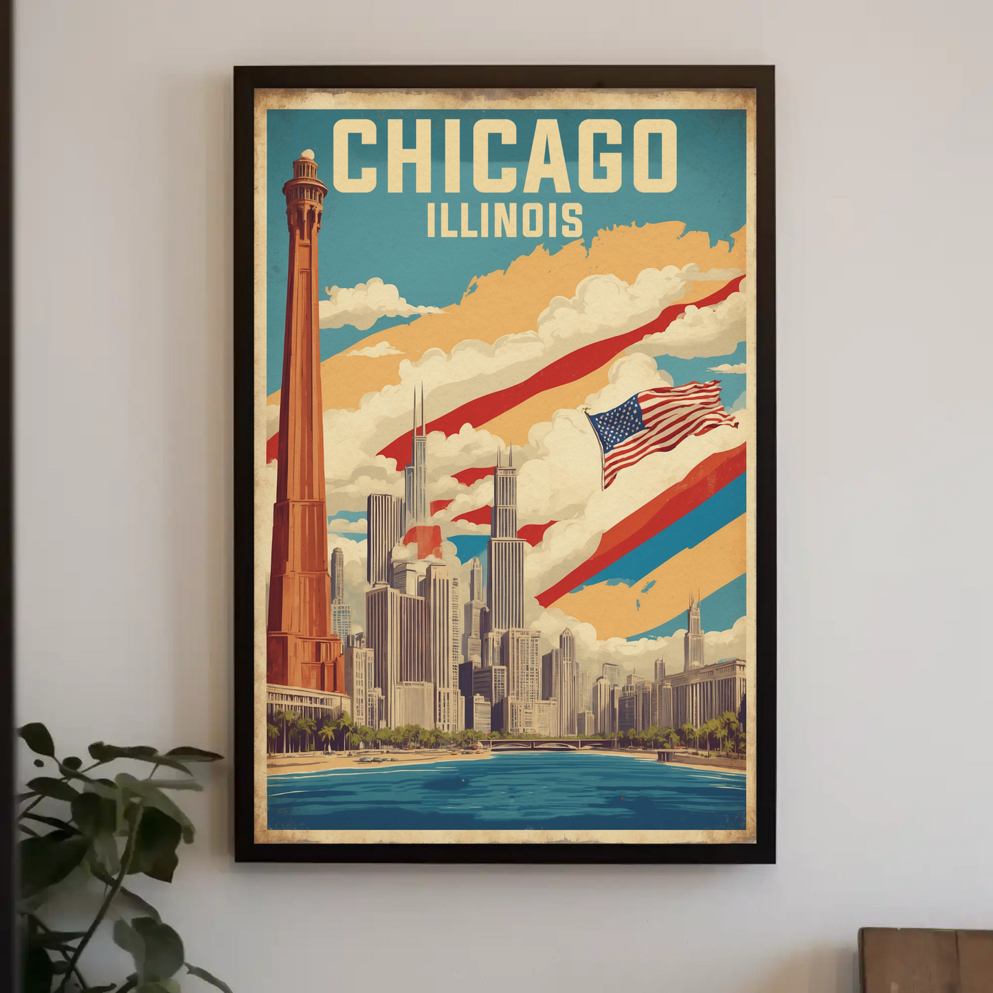 Chicago Illinois Skyline American Flag Cityscape Vintage Travel Poster