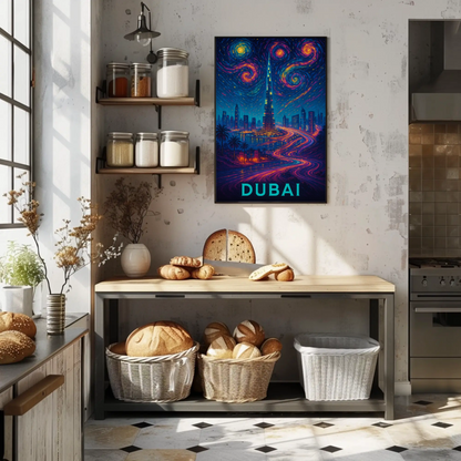 Dubai Burj Khalifa Starry Neon Skyline Night Travel Poster