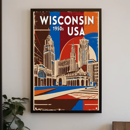 Wisconsin USA 1950s Urban Skyline Vintage Travel Poster