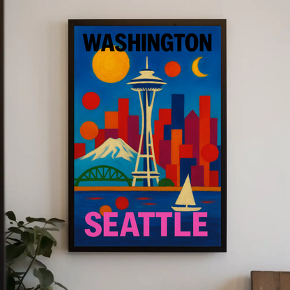 Washington Seattle Space Needle Mountains Sunset Vintage Travel Poster