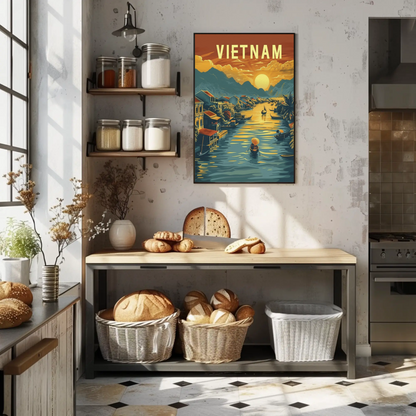 Vietnam River Sunset Floating Village Travel Poster