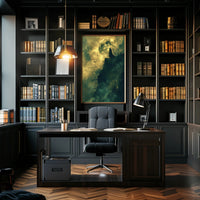 Mysterious Cloaked Figure Under Glowing Moon Fantasy Poster