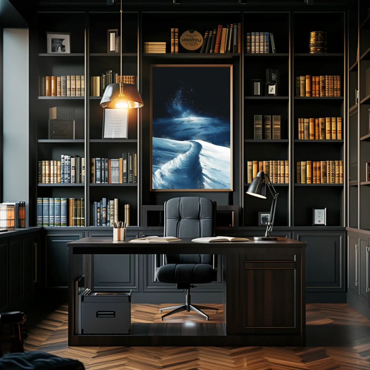 Serene Snowy Landscape Under Starry Sky Poster