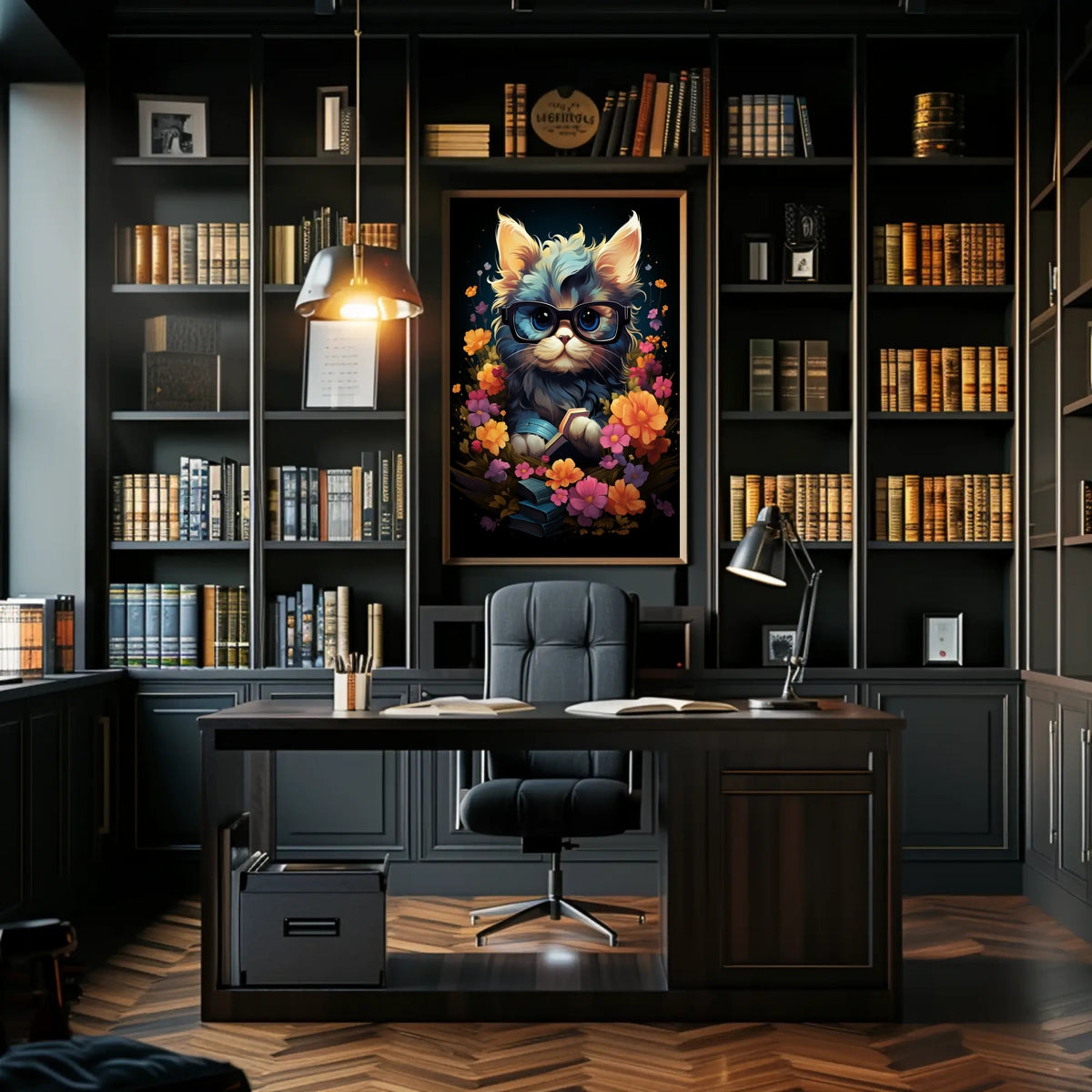 Whimsical Cat Poster: Glasses, Flowers, Books, Fantasy