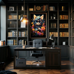 Whimsical Cat Poster: Glasses, Flowers, Books, Fantasy