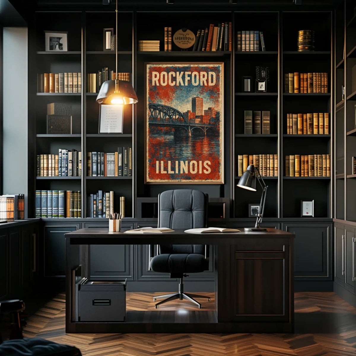 Rockford Illinois Retro Bridge Cityscape Collectors Poster