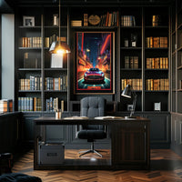 Sleek Sports Car in Vibrant Futuristic Sci-Fi Poster