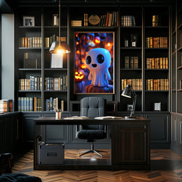 Cute Ghost with Pumpkins: Vibrant Halloween Pop Culture Poster