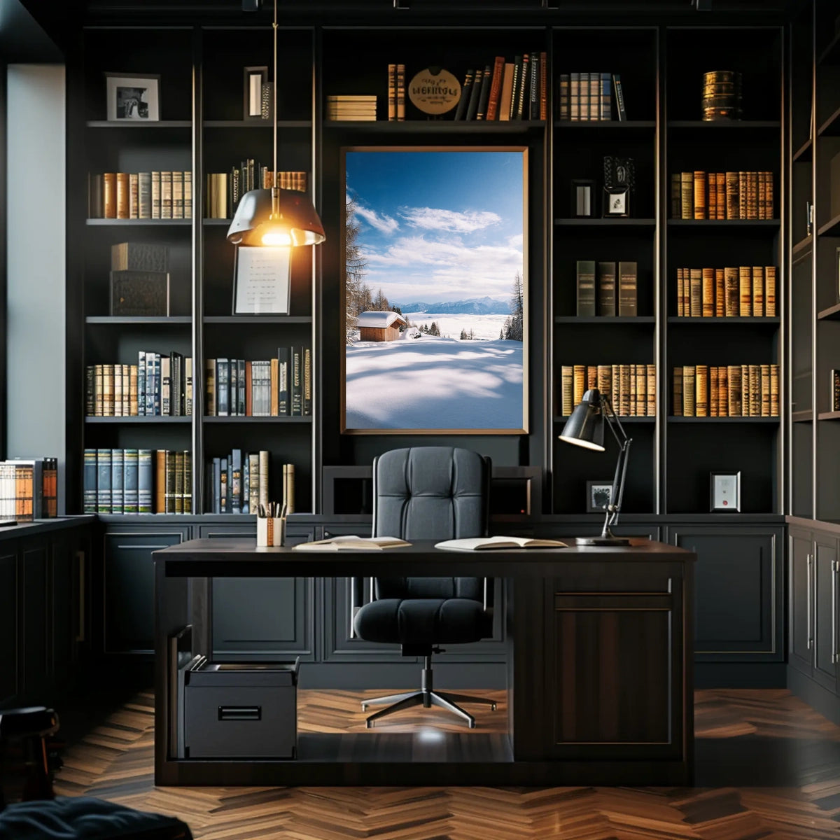 Serene Snowy Cabin Landscape National Park Poster