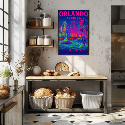 Orlando Florida Castle Ferris Dolphin Neon Travel Poster