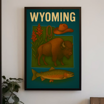 Wyoming Bison Fish Rope Hat Nature Vintage Travel Poster