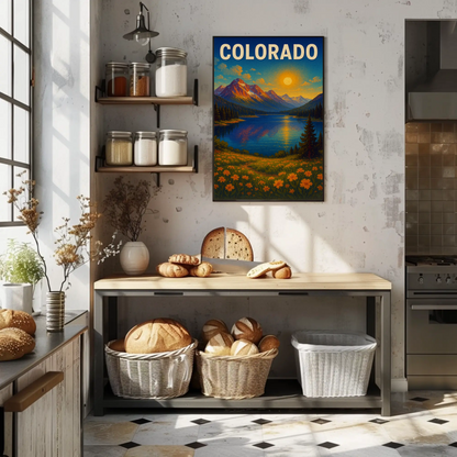 Colorado Sunset Mountain Lake Wildflower Travel Poster