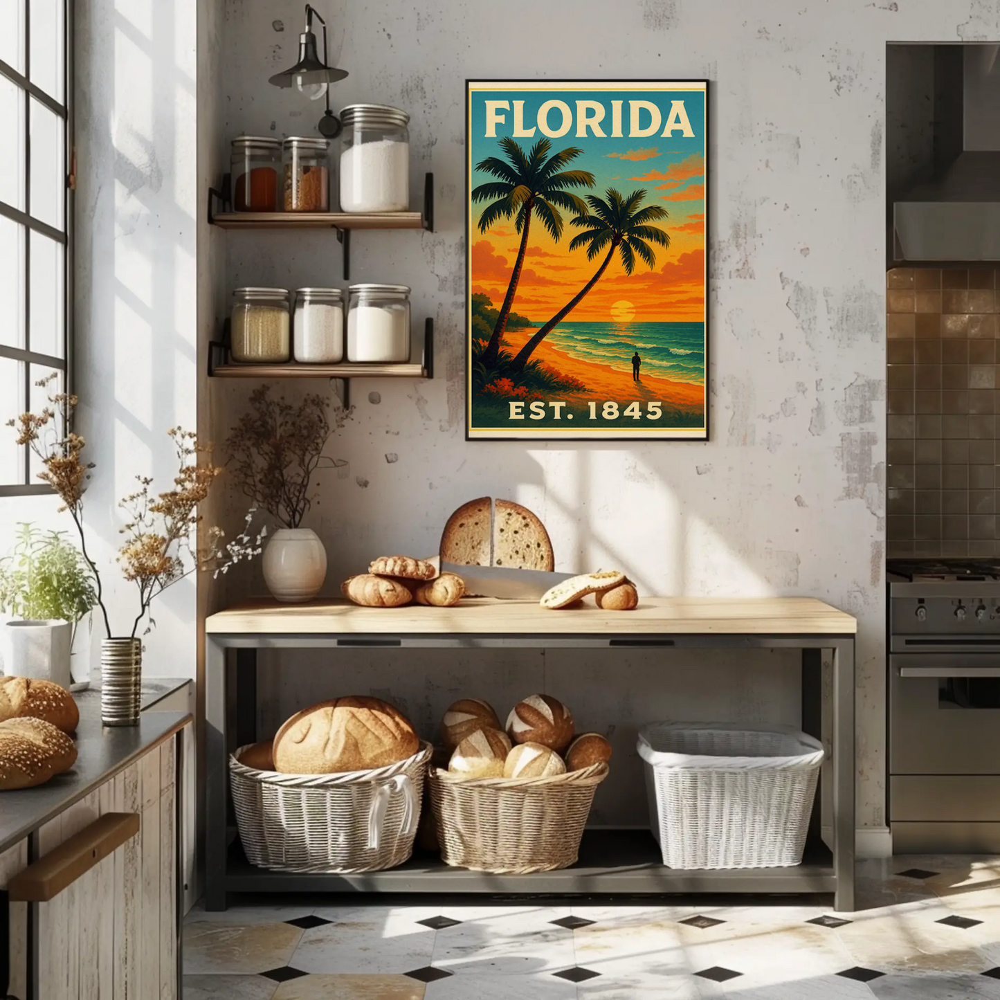 Florida Sunset Beach Walk Palms Horizon Travel Poster