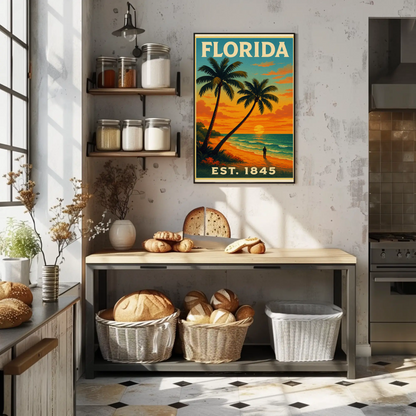 Florida Sunset Beach Walk Palms Horizon Travel Poster