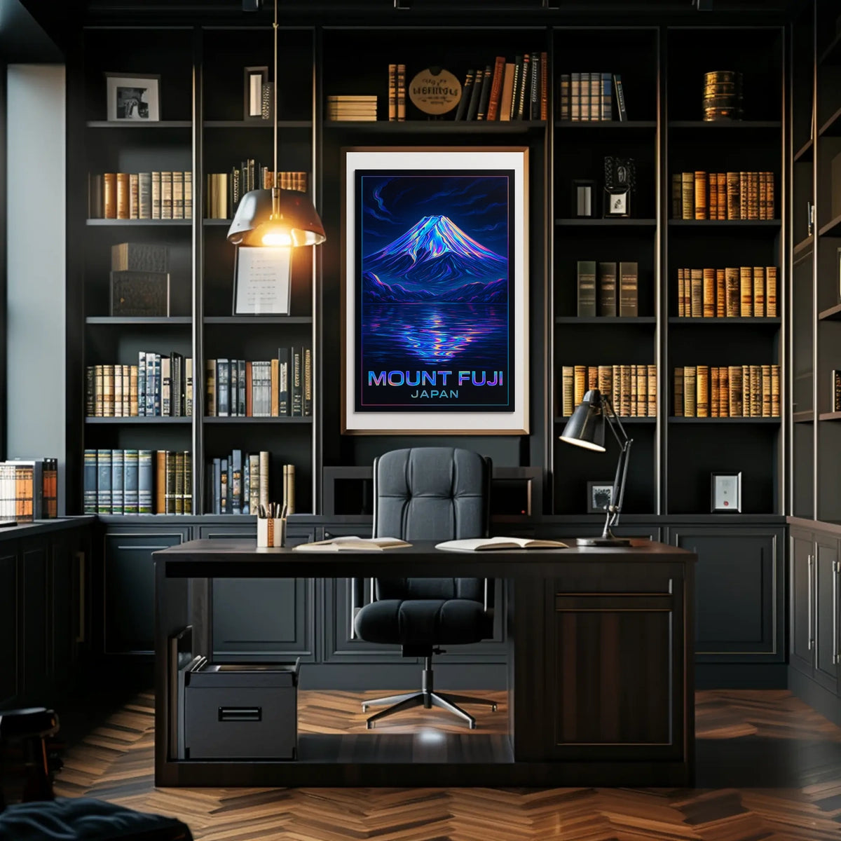 Mount Fuji Neon Reflections Iridescent Futuristic SciFi Vaporwave Dreamscape Poster